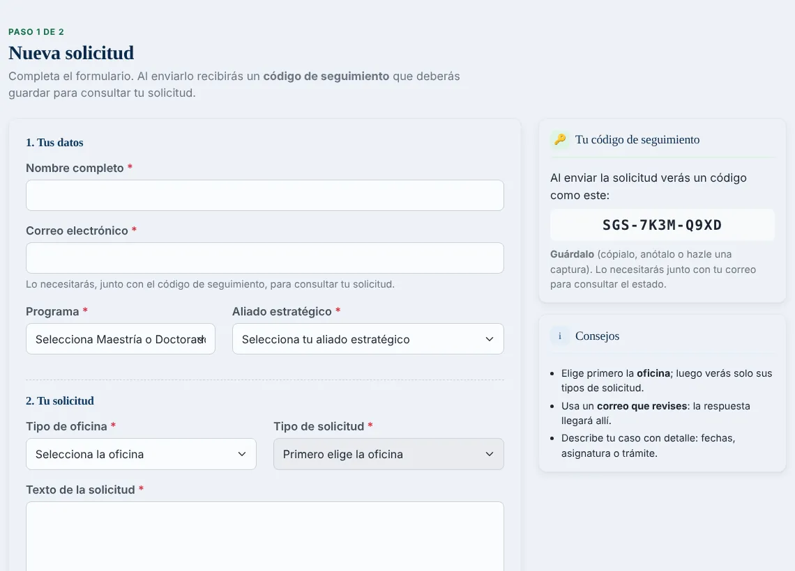 Formulario de nueva solicitud con los campos nombre, correo, programa, aliado estratégico, oficina, tipo y texto